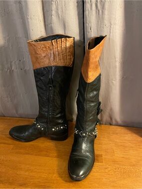 Sam Edelman Black and Tan Two-Tone Studded Knee High Boots